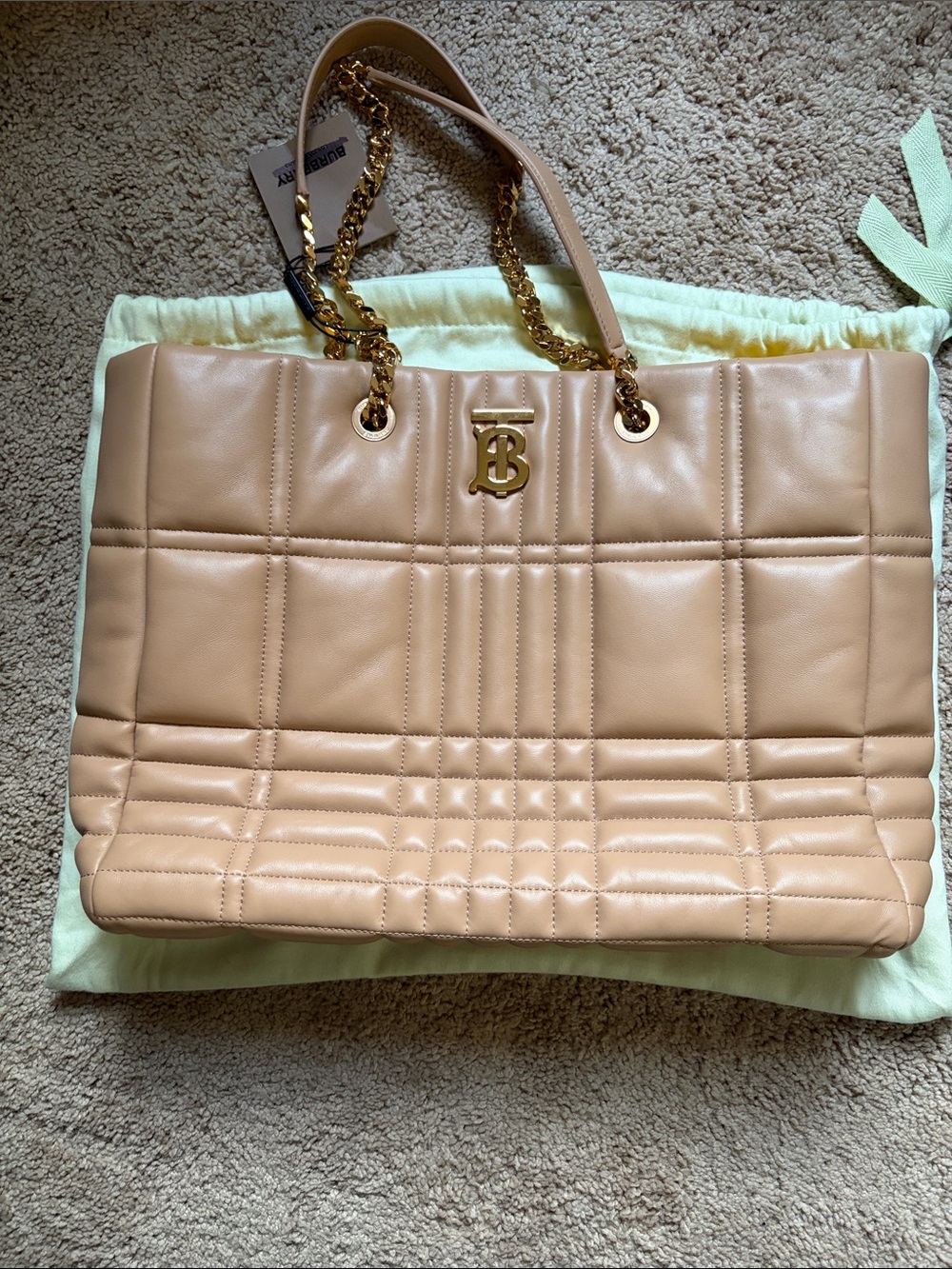 NWT Burberry Lola Shopper Beige Quilted Leather Tote with Gold TB Hardware